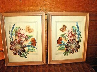 Vintage Pair North Dakota Prairie Studio Ida Bisek Prokop Framed Flower Feather