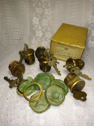 Six Vintage Corbin Tumblers " Cylinder " W/ Ornate Keys For Door Locks Brass