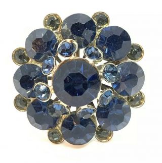 Vtg Blue Rhinestone Silver Tone Flower Brooch Pin 1 1/8”