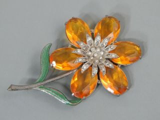 Huge Vintage Amber Glass Rhinestone Enamel Pot Metal Flower Brooch Pin