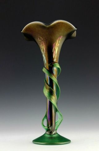 Glamorous Bohemian Art Nouveau Jugendstil Iridescent Glass Vase Tall 12