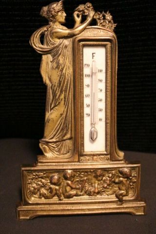 Fantastic All Antique Victorian Era Bronze Brass Marble Thermometer