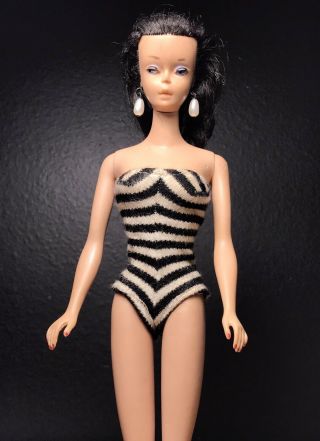 Vintage Ponytail Barbie 3 Brunette With Zebra Swimsuit,  Pearl Earrings