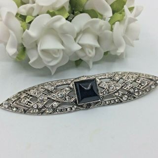 Vintage Jewellery Black Glass & Clear Rhinestone Silver Tone Art Deco Bar Brooch