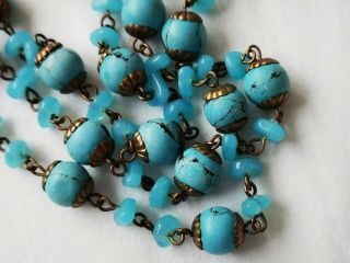 Vintage Jewellery Art Deco Flapper Czech Turquoise Glass Frilled Bead Necklace