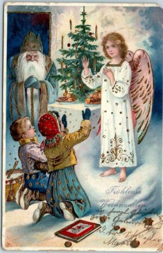 Vintage German Christmas Postcard Santa Claus Blue Robe Children Angel 1905