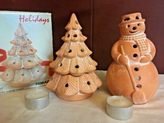 Vintage Terra Cotta Christmas Tree & Snowman Candle Votive Holder - Set Of 2
