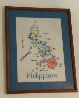 Framed Vintage Cross Stitch Map Of The Philippines Filipino Craft