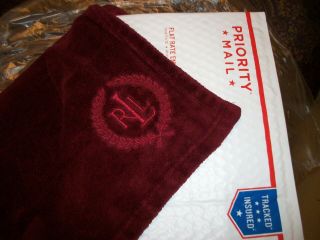 Ralph Lauren Vtg Plush Throw Blanket - Dark Burgundy Maroon - 78x49 - Embroidered