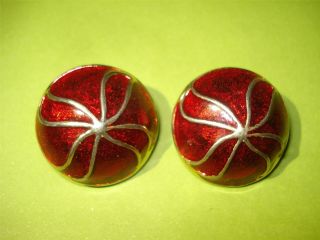 Vintage Donald Stannard Domed Red Enamel,  Gold Plated,  Clip On Earrings,  Holiday