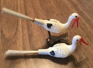 2 Vintage Clip On Stork Christmas Ornament Plastic 1940s Two On One Clip.