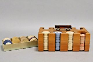 Antique " H " Clay Poker Chips Caddy Set Circa Early 1900s W Rare