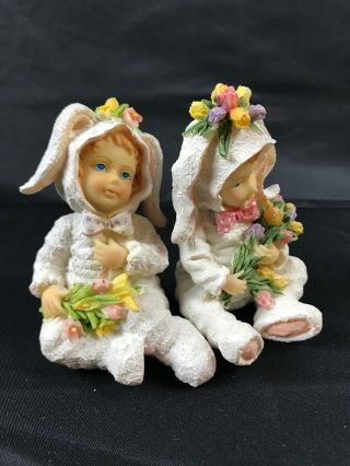 Unmarked Vintage Ceramic Figurines Of Children In Bunny Suits,  Easter