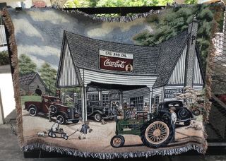 Vtg Woven Throw Blanket With Model A Ford,  Coca - Cola,  John Deere Tractor Design