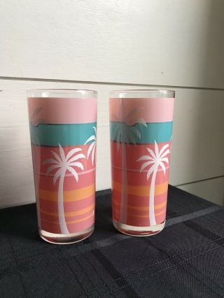 Vintage Culver Tropical Palm Tree Drinking Glasses Tumblers Set Of 2