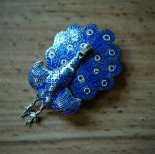 Vintage Siam Sterling Silver Blue Enamel Peacock Hinged Brooch Pin