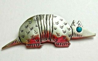 Vintage Signed Jj Armadillo Pin Brooch,  Pewter W/turquoise Eye,  1988
