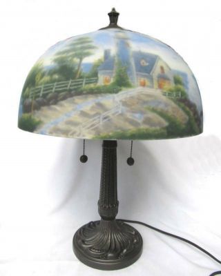 Signed Thomas Kinkade Reverse Painted Lighthouse Lamp  A Light In The Storm "