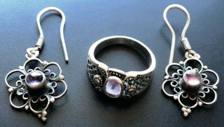 Vintage Set Of Sterling Silver Ring And Earrings With Gemstones - 8.  3 Grams