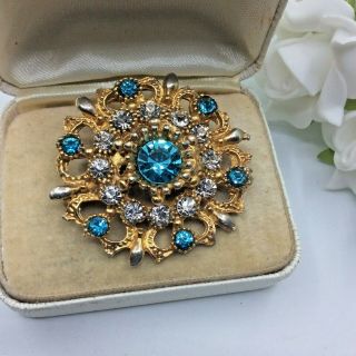 Vintage Jewellery Blue Aqua & Clear Crystal Rhinestone Ornate Gold Tone Brooch