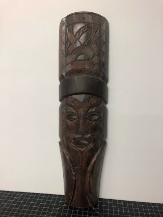 Vintage Hand Carved Wooden Tribal Mask Figure 5x19” Tiki Totem Style