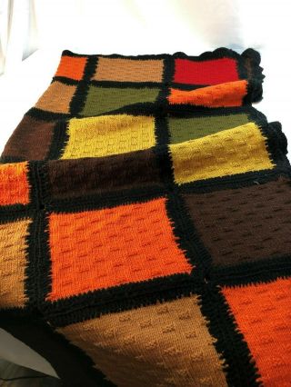 Vtg Afghan Granny Square Crochet Handmade Blanket Throw Black Multi Color 50x50 "