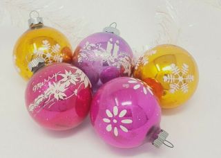 5 Vintage Shiny Brite Stenciled Glass Ornaments,  Candle - Snowflake - Merry Christmas