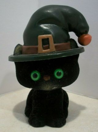 Vtg Hallmark Halloween Flocked Black Cat Witch Hat Merry Miniature No Sticker