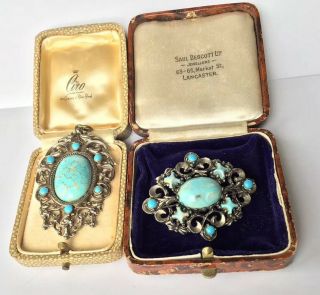 Vintage Costume Jewellery Brooch & Pendant Turquoise Type Cabochon Stone Unusual