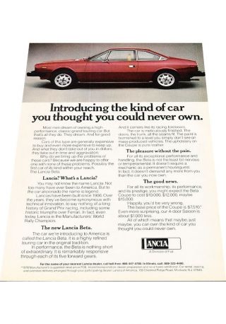 1976 Lancia Beta Coupe Vintage Advertisement Car Print Ad J409