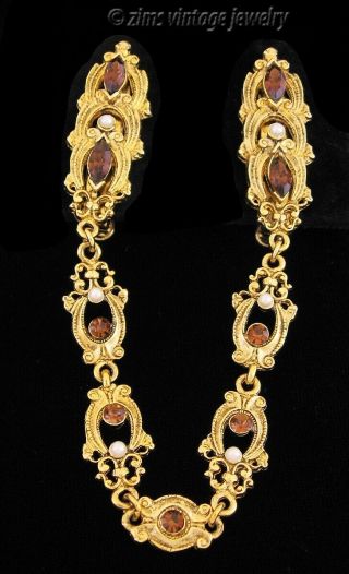 Vintage Victorian Style Gold Filigree Brown Rhinestone Pearl Sweater Guard Clips