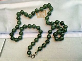Vintage Hand Knotted Hardstone ?? Dark Green Jade Necklace 925 Silver Clasp