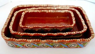 3 Vintage Hand - Painted Red Clay Mexican Folk Art Pottery Casserole Dishes Nest