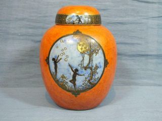 Antique Carlton Ware Orange Lustre Ginger Jar Moonlight Pixie Fairyland C1925