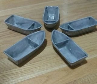 5 Vintage Gray Shrimp Cocktail Boat Dipping Dishes Ceramic Pottery Divided Usa