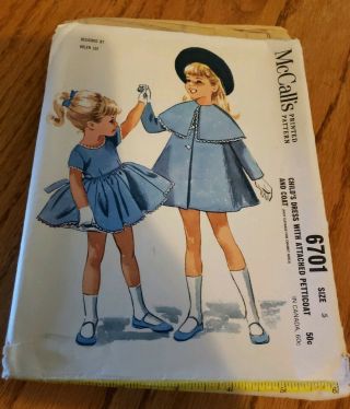 Vintage 1962 Mccall’s Pattern Child’s Dress,  Coat 6701 Size 5 By Helen Lee