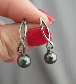 Vintage Sterling Silver Black Pearl X Dangle Drop Pierced Earrings