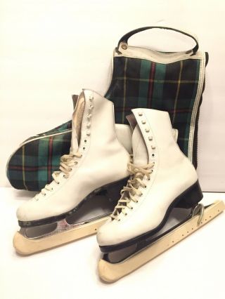 3.  5 Vintage Riedell White Ice Skates & Tartan Skate Carrying Bag Sheffield Blade