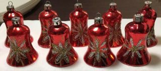 Vtg 9 Silver Gold Flowers Glitter On Red Bell Mercury Glass Christmas Ornaments