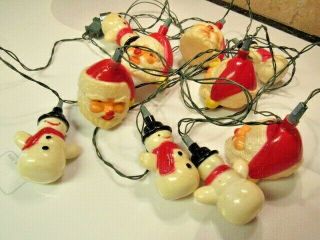 10 Vintage Blow Mold Hard Plastic Santa & Snowman Christmas Light String