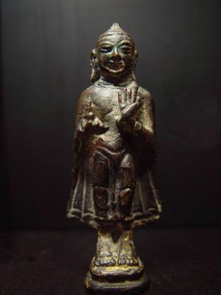 Antique Bronze Standing Lopburi Buddha Amulet.  Khmer Influence.  Stupa.  15/16th C