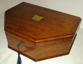 Wonderful Unusual Antique Six Sided Solid Oak & Brass Box Inside Tray & Key