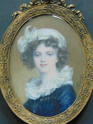 Antique Miniature Portrait / Painting Of A Young Woman Signed Henry