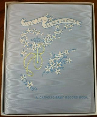 Blue Catholic Baby Record Book By Mary Stromwell Padded Satin Memory 1952 Vtg