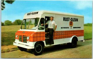 Vintage Chrome Advertising Postcard Rust - Oleum Paints Van & Driver C1950s