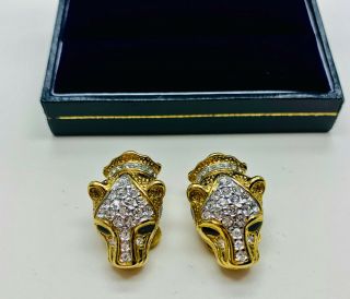 Vintage Signed A&s (attwood & Sawyer) Sparkling Crystal Leopard Clip On Earrings
