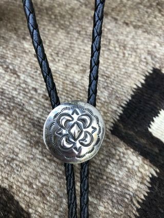 Vintage Southwestern " Concho " Bolo Tie Sterling Silver Leather Cord Signed Ws