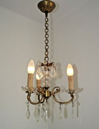 French Antique 3 Arm Gilded Bronze Crystal And Glass Chandelier 1634
