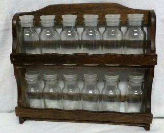 Vintage Wooden Wall Spice Rack,  12 Glass Taiwan Apothecary Style Spice Bottle