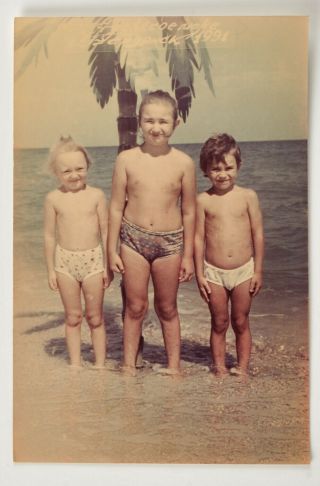 Vintage Real Photo Little 2 Girls & Boy In Panties Are Standing In The Sea 1991